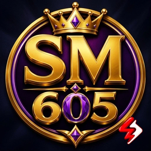 Logo sm605 untuk panduan bonus, emblem emas ungu dengan mahkota