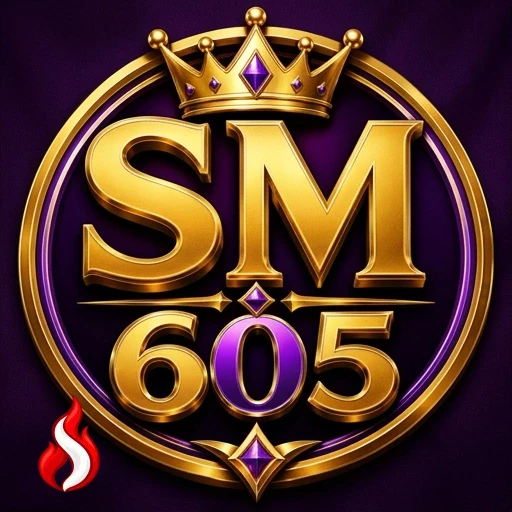 Logo resmi sm605 Indonesia, emblem lingkaran emas ungu dengan mahkota